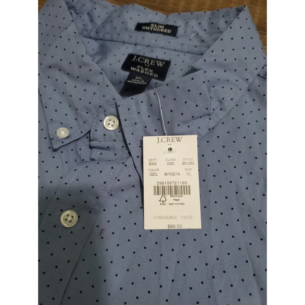 J. Crew Flex Washed Shirt Button Down Men XL Blue Polka Dots Stretch Slim NEW